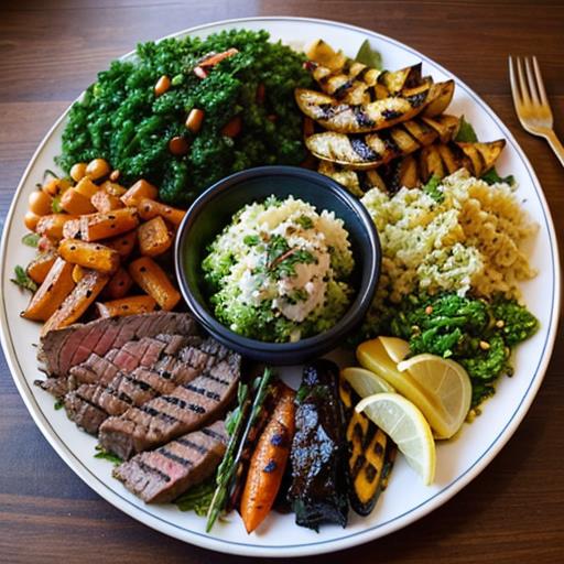 Mediterranean sides, London broil, Roasted Greek Potatoes, Tabbouleh Salad, Grilled Vegetables