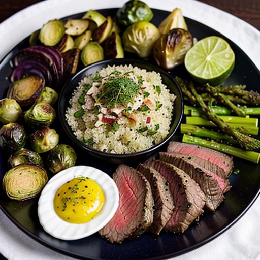 Herb Crusted London Broil, Side Dishes, Roasted Vegetables, Mashed Potatoes, Quinoa Salad