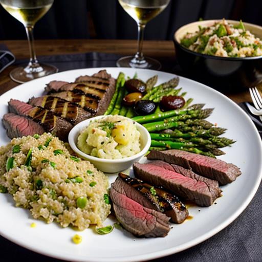 Oven Roasted London Broil, Side Dishes, Mashed Potatoes, Grilled Asparagus, Quinoa Salad