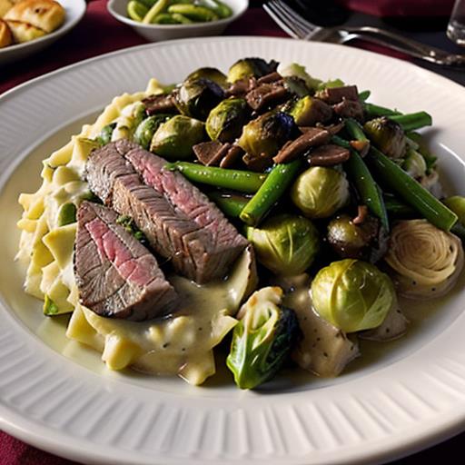 Beef stroganoff, Side dishes, Green beans, Mashed potatoes, Cucumber salad