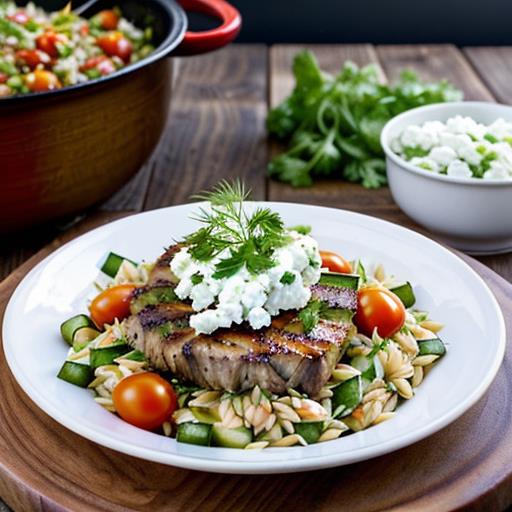 Mediterranean Orzo Salad, Pulled Pork Skewers, Flavorful Side Dish, Fresh Ingredients, Easy Recipe