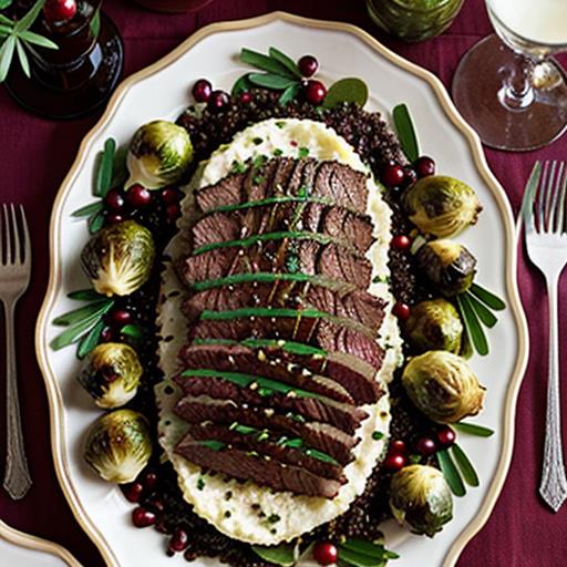 Holiday London Broil, Side Dishes, Roasted Garlic Mashed Potatoes, Balsamic Glazed Brussels Sprouts, Wild Mushroom Risotto