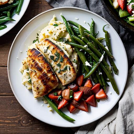 Garlic Parmesan Chicken, Side Dishes, Roasted Green Beans, Garlic Mashed Potatoes, Spinach Strawberry Salad